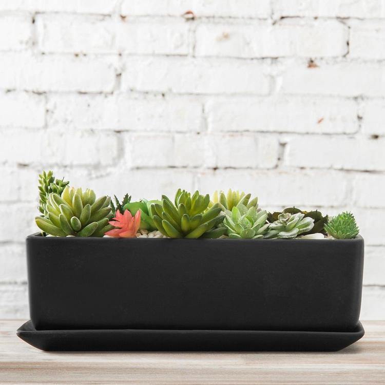 Rectangular Ceramic Succulent Planter with Saucer, Black - MyGift