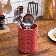 At Home Ribbed Cream Ceramic Utensil Holder