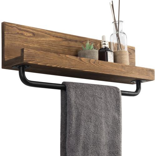 Rustic Burnt Wood & Metal Pipe Shelf with Towel Rack