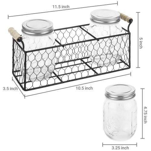 Burnt Brown Wood and Chicken Wire Utensil Holder, Flatware Serving Rack with 3 White Mason Jars