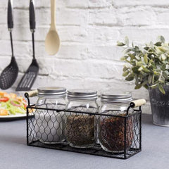 Burnt Brown Wood and Chicken Wire Utensil Holder, Flatware Serving Rack with 3 White Mason Jars