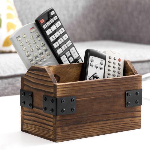 Rustic Dark Brown Burnt Solid Wood Remote Control Holder w/ Metal Accents - MyGift