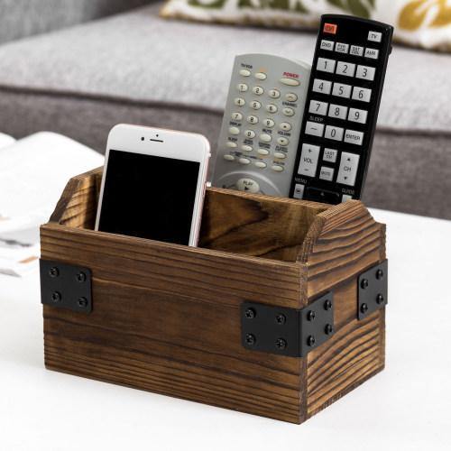 Rustic Dark Brown Burnt Solid Wood Remote Control Holder w/ Metal Accents - MyGift