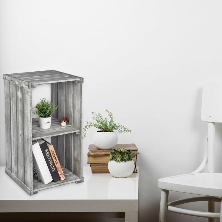 2 Tier Dark Gray Wood Crate Design Storage Shelf Organizer Cubby - MyGift Enterprise LLC