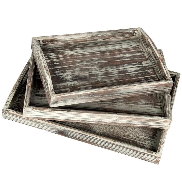 Rustic Torched Wood Nesting Breakfast Serving Trays with Handles, Set of 3 - MyGift Enterprise LLC