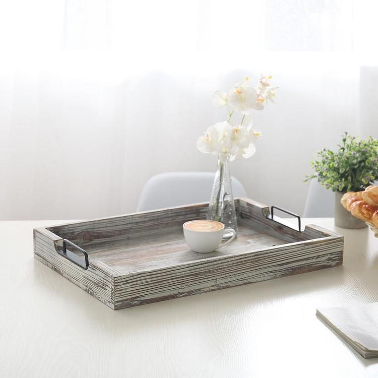 Distressed Torched Wood 20-Inch Serving Tray with Modern Black Metal Handles - MyGift Enterprise LLC