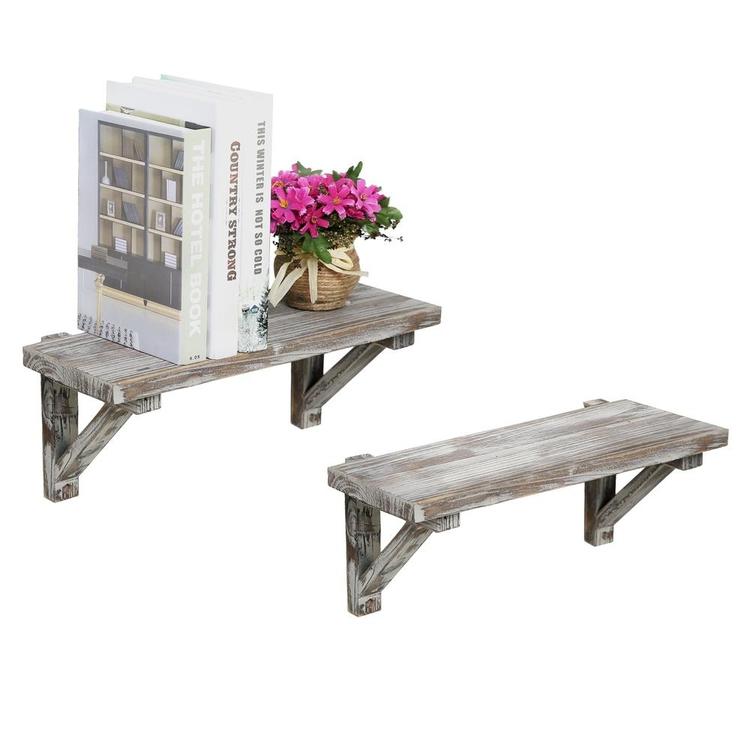 Rustic Torched Wood Wall-Mounted Display Shelves with Wooden Brackets, Set of 2 - MyGift Enterprise LLC