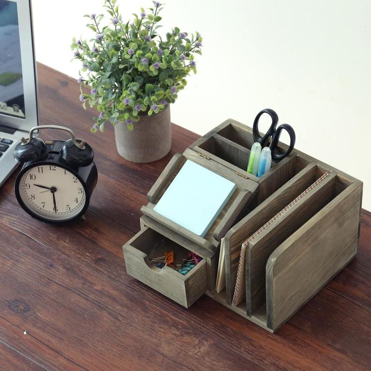 Rustic Wood Desktop Organizer w/ Notepad Holder, Mail Slots & Pullout Drawer - MyGift Enterprise LLC