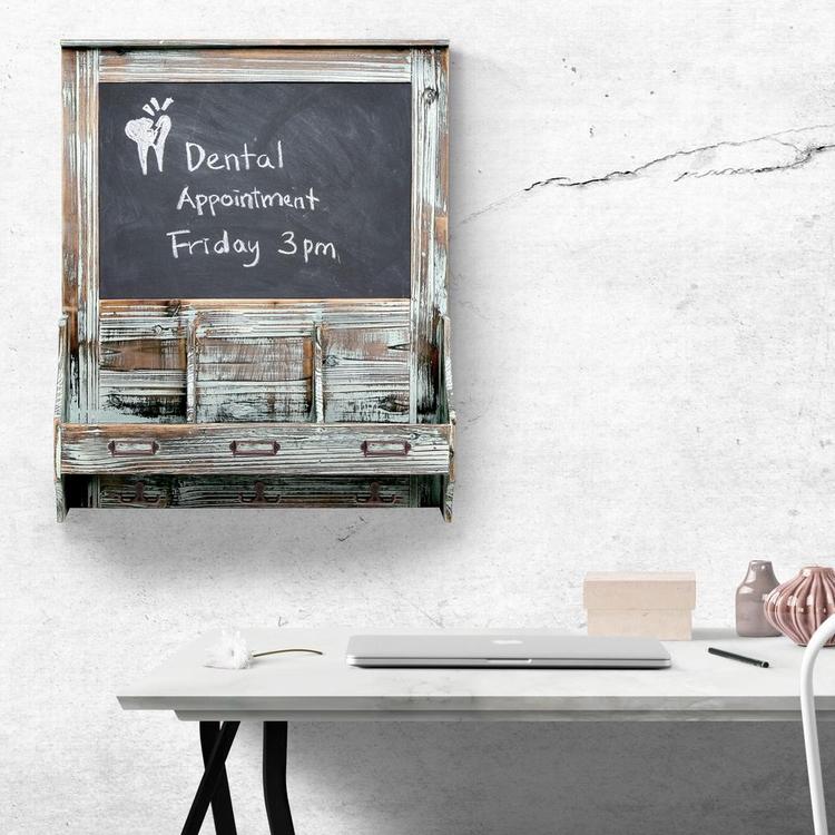 Rustic Wood Wall Mounted Mail Organizer Rack w/ Key Hooks and Chalkboard Sign - MyGift Enterprise LLC