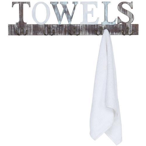Torched Wood Hook Towel Rack - Decorative Towel Cut Out Letters w/ 5 Dual- Hooks