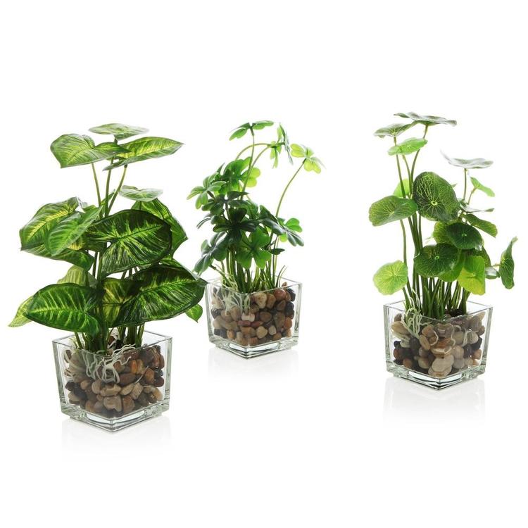 Set of 3 Artificial Plants, Faux Tabletop Greenery w/ Clear Glass Pots - MyGift Enterprise LLC