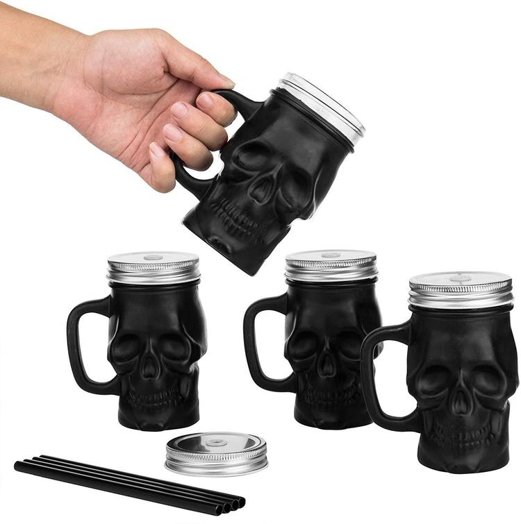 Set of 4 Matte Black Glass Skull-Shaped Drink Cups with Jar Lid & Straw