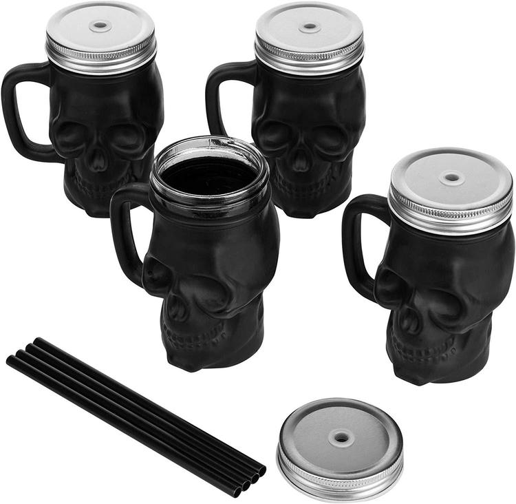 Set of 4 Matte Black Glass Skull-Shaped Drink Cups