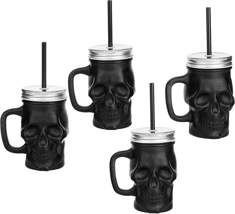 Skull Glass Cup With Straw. 5 3/4 Tall x 4 Wide Set of 2 NEW