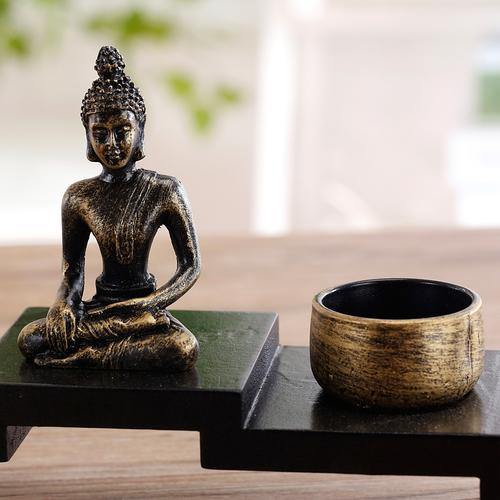 Mini Buddha Statue w/ Wood Base and 2 Tealight Holders - MyGift