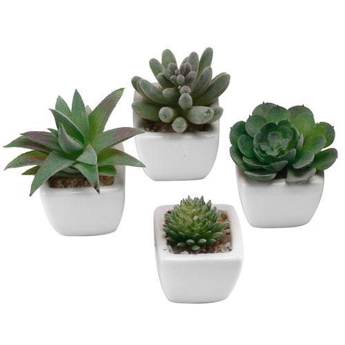 Miniature Artificial Succulent w/ White Ceramic Planter Pots, Set of 4 - MyGift