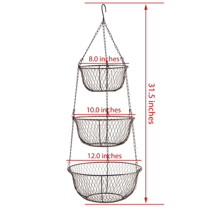 3 Tier Hanging Wire Basket - Wall Mounted Storage Bins with Adjustable