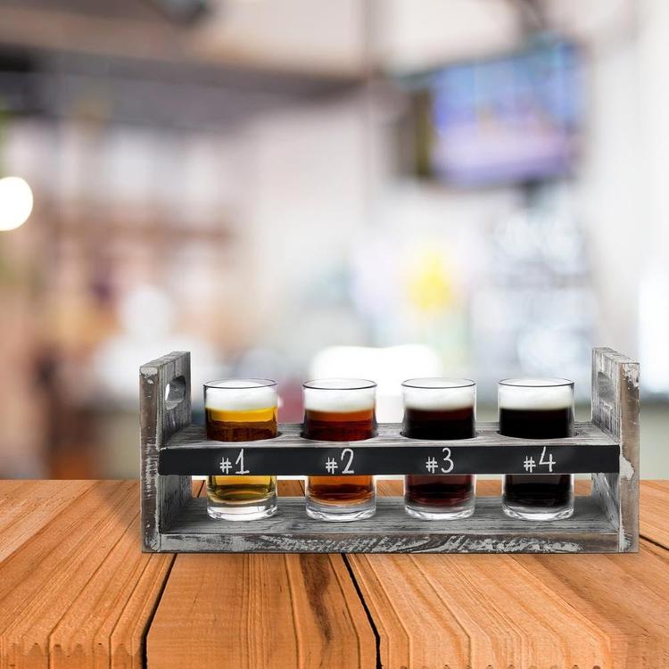 Torched Wood 5 pc Craft Beer Flight Tasting Serving Set with 4 Glasses & Chalkboard Panel - MyGift Enterprise LLC