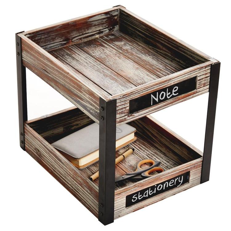 2 Tier Industrial Style Torched Wood Desktop Document Tray with Chalkboard Labels - MyGift Enterprise LLC