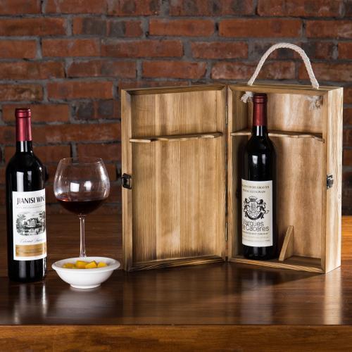 Dark Torched Wood Double Bottle Wine Case, Top Handle Hinged Lid Carrier, Brown - MyGift Enterprise LLC