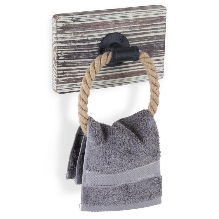 Wall-Mounted Torched Wood & Rope Towel Ring - MyGift