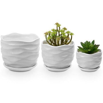 Wave Textured White Ceramic Planters with Saucers, Set of 3 – MyGift