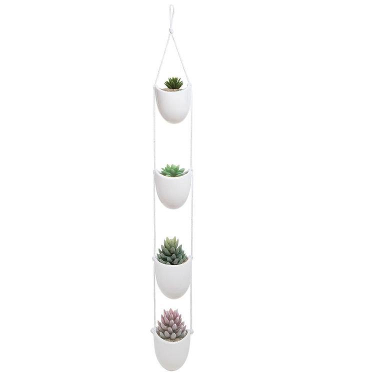 White Ceramic Rope Hanging Planter Set with 4 Containers - MyGift