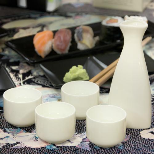 White Ceramic Sake Serving Carafe and 4 Cups - Traditional Japanese Style 5 Piece Gift Set - MyGift Enterprise LLC