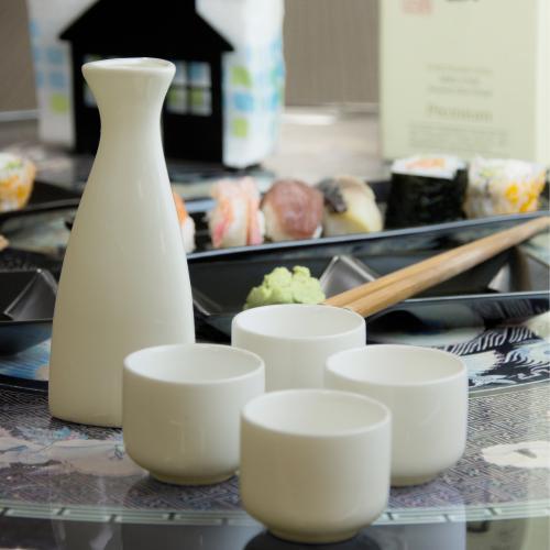 White Ceramic Sake Serving Carafe and 4 Cups - Traditional Japanese Style 5 Piece Gift Set - MyGift Enterprise LLC