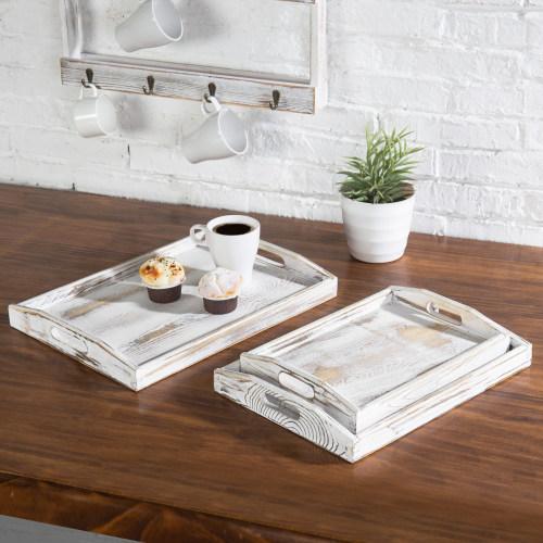 Whitewashed Nesting Wood Serving Trays with Cutout Handles, Set of 3