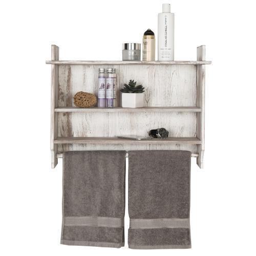 Whitewashed Wall Mounted Bathroom Organizer Rack with Towel Bar - MyGift