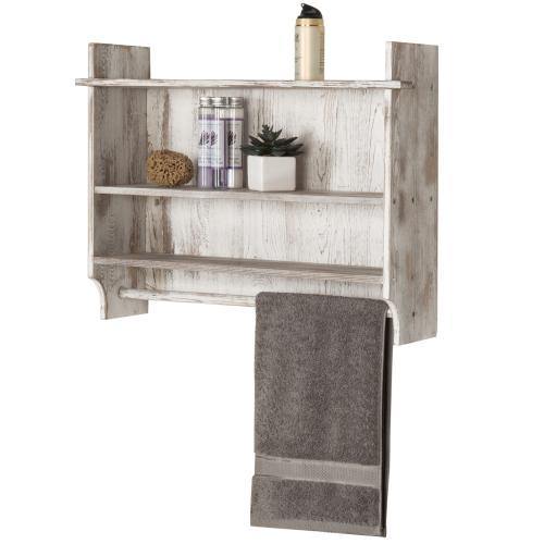 Whitewashed Wall Mounted Bathroom Organizer Rack with Towel Bar - MyGift