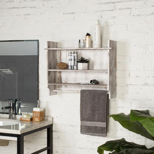 Whitewashed Wall Mounted Bathroom Organizer Rack with Towel Bar - MyGift