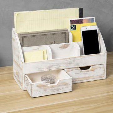 Whitewashed Wood Desktop Organizer with 2 Drawers – MyGift