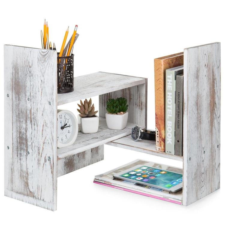 Whitewashed Wood Adjustable Desktop Office Organizer Display Shelf - MyGift Enterprise LLC