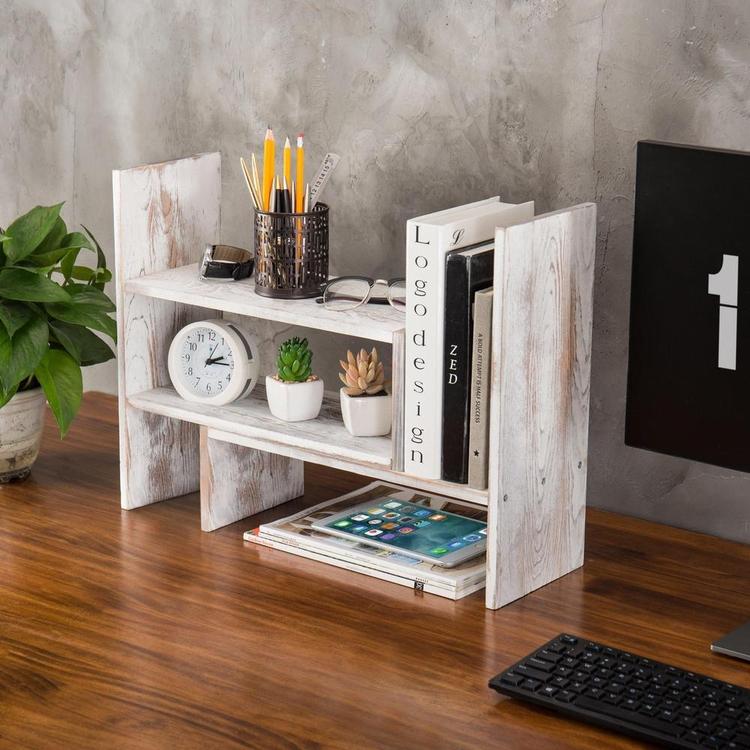 Whitewashed Wood Adjustable Desktop Office Organizer Display Shelf - MyGift Enterprise LLC