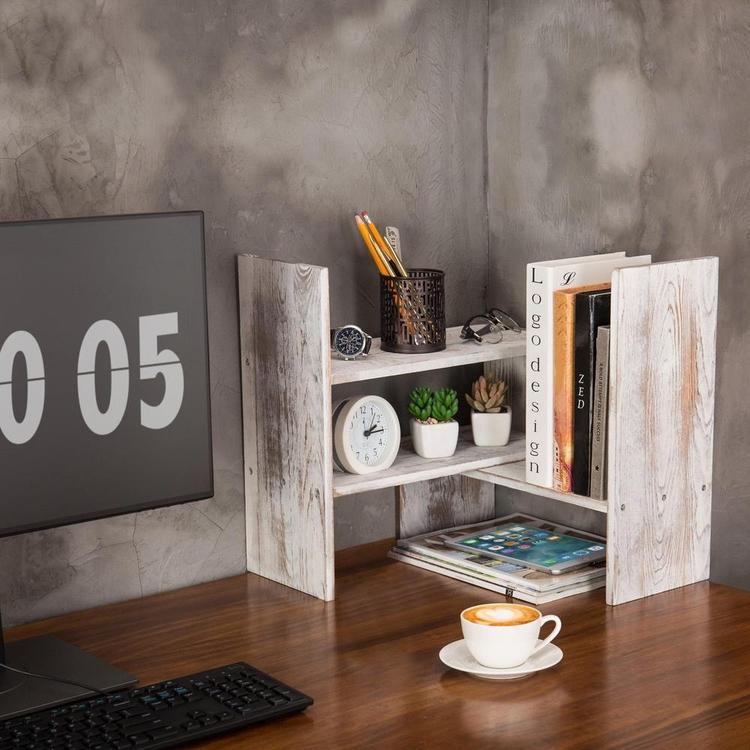 Whitewashed Wood Adjustable Desktop Office Organizer Display Shelf - MyGift Enterprise LLC