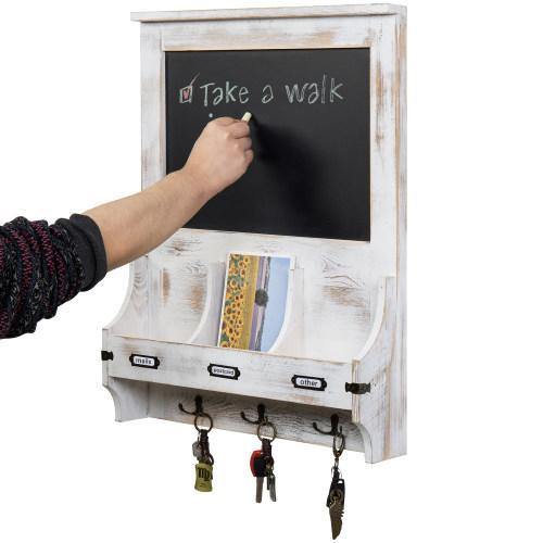 Whitewashed Wood Entryway Organizer with Chalkboard & Key Hooks – MyGift